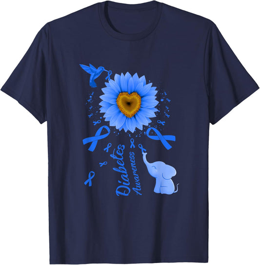 Sunflower Hummingbird Elephant Diabetes Awareness T-Shirt - T-Shirt | Navy