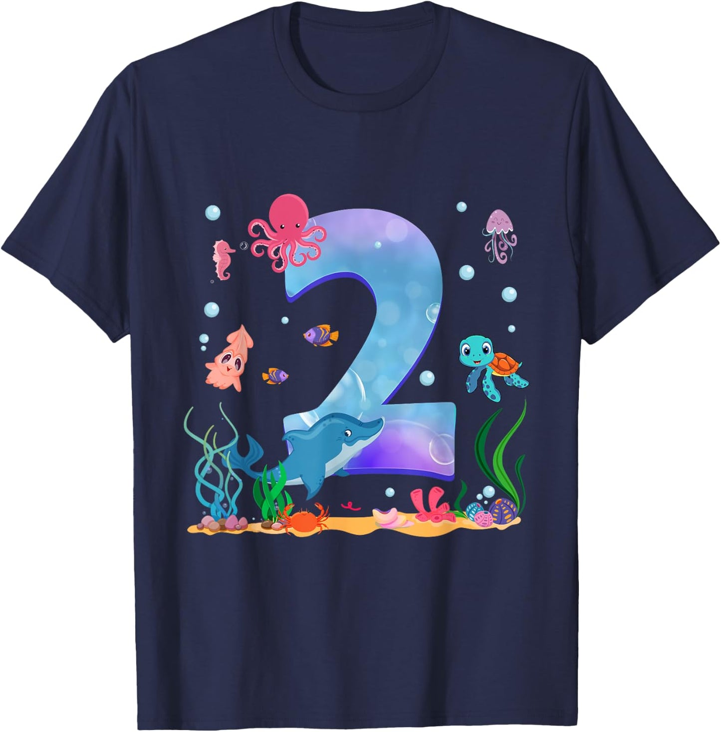 2 Years Old Sea Fish Ocean Animal 2nd Birthday Boy Girl T-Shirt - T-Shirt | Navy