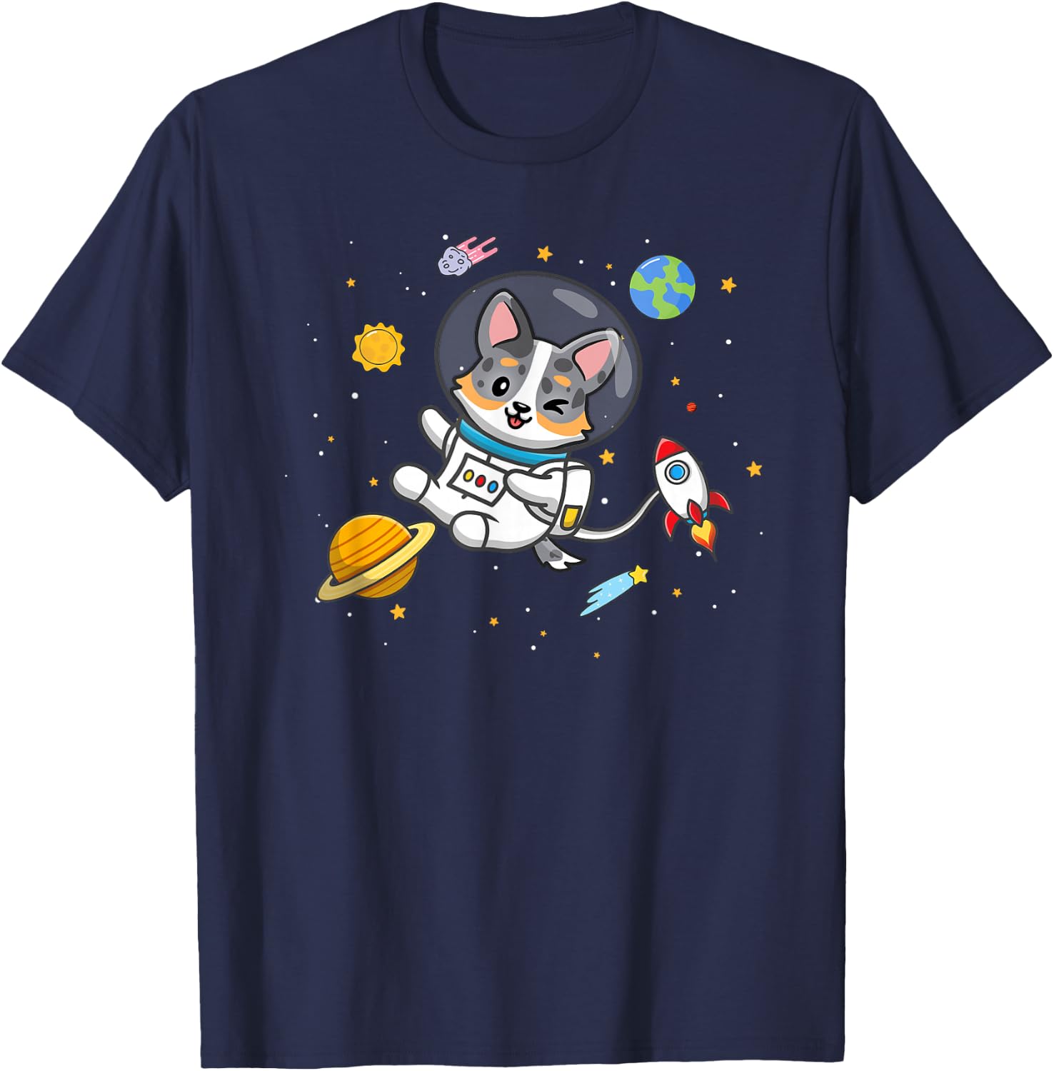 Funny Kawaii Kid Boys Space Astronaut Blue Merle Corgi Lover T-Shirt - T-Shirt | Navy