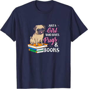Just A Girl Who Loves Pugs And Books Animal Book T-Shirt - T-Shirt | Navy