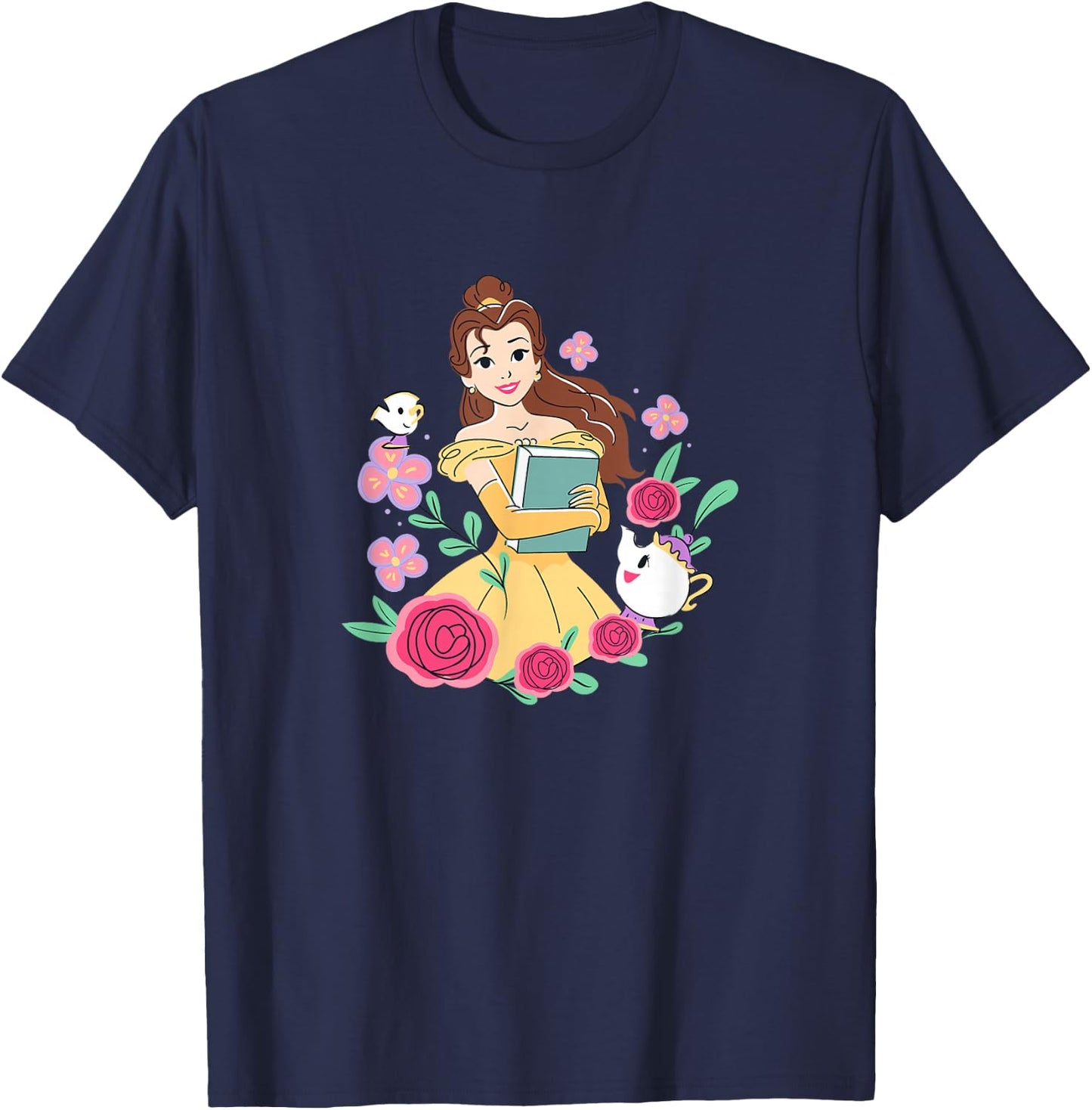 Disney Beauty and the Beast Belle & Book Fall Floral Roses T-Shirt - T-Shirt | Navy
