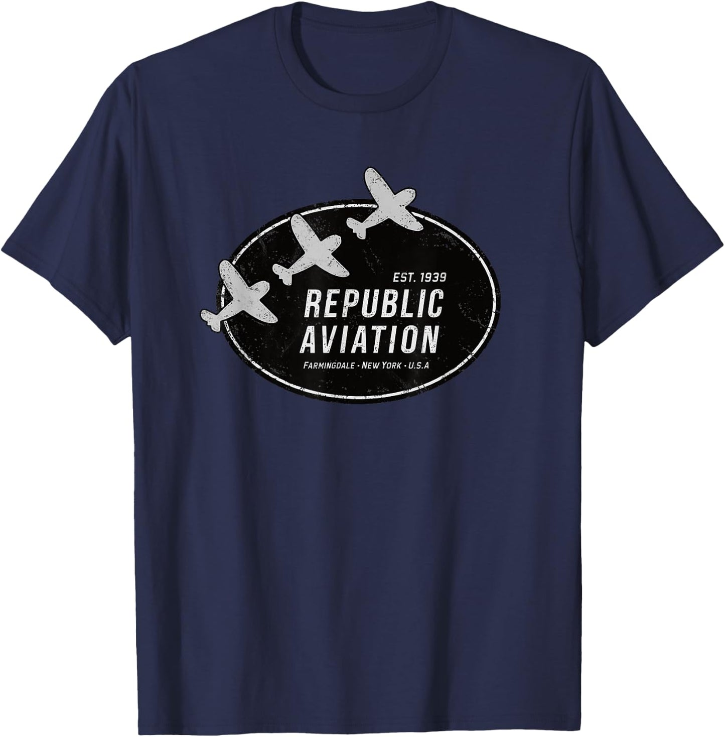 909 Apparel Republic Aviation Vintage 1940 Logo P-47 Thunderbolt WWII Grey -Adults Classic Fit Short Sleeve T-Shirt - T-Shirt | Navy