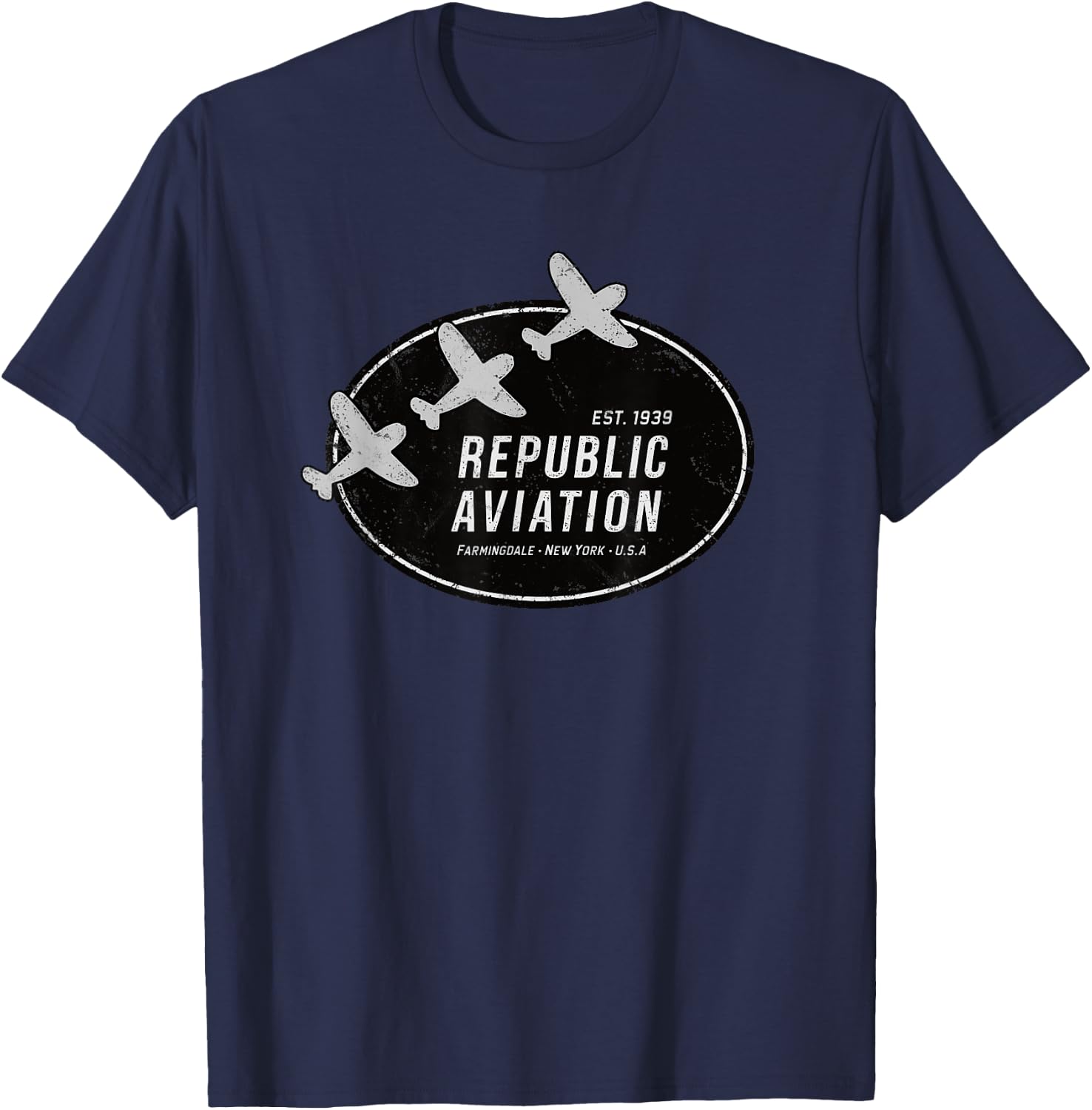 909 Apparel Republic Aviation Vintage 1940 Logo P-47 Thunderbolt WWII Grey -Adults Classic Fit Short Sleeve T-Shirt - T-Shirt | Navy