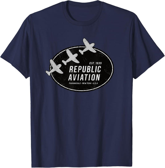 909 Apparel Republic Aviation Vintage 1940 Logo P-47 Thunderbolt WWII Grey -Adults Classic Fit Short Sleeve T-Shirt - T-Shirt | Navy