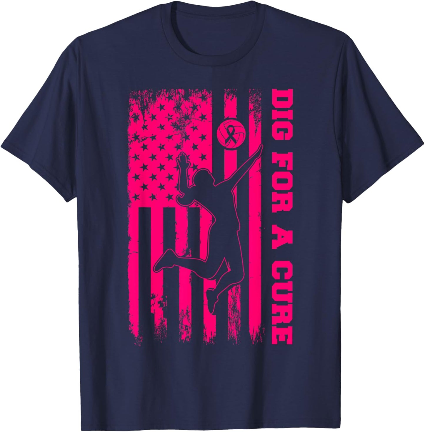 Dig For A Cure Breast Cancer Volleyball Pink American Flag Girls Kids Men T-Shirt - T-Shirt | Navy