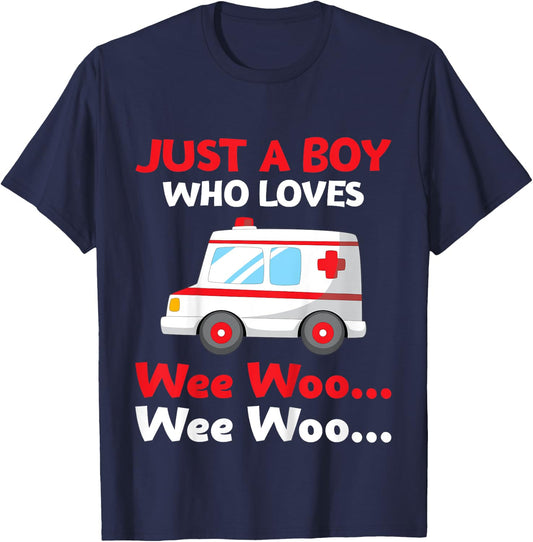 Kids Just A Boy Who Loves Wee Woo Wee Woo Toys Lover Son Grandson T-Shirt - T-Shirt | Navy