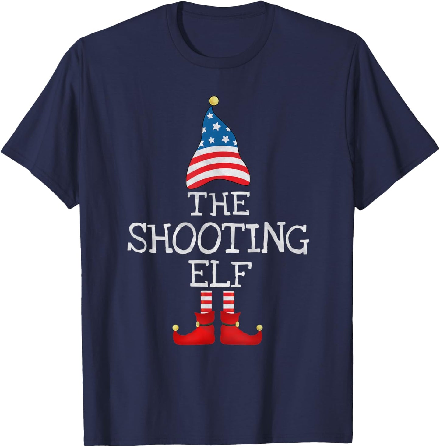 USA Flag Xmas The Shooting Elf Funny Matching Christmas Elf T-Shirt - T-Shirt | Navy