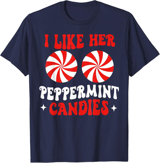 I Like Her Peppermint Candies Couples Matching Christmas T-Shirt - T-Shirt | Navy