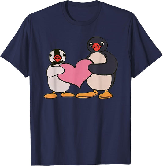 Cute Pingu And Pinga Penguin Holding Heart T-Shirt - T-Shirt | Navy