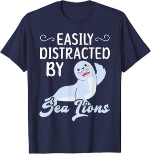 Easily Distracted By Sea Lions Animal Marine Biologist T-Shirt - T-Shirt | Navy