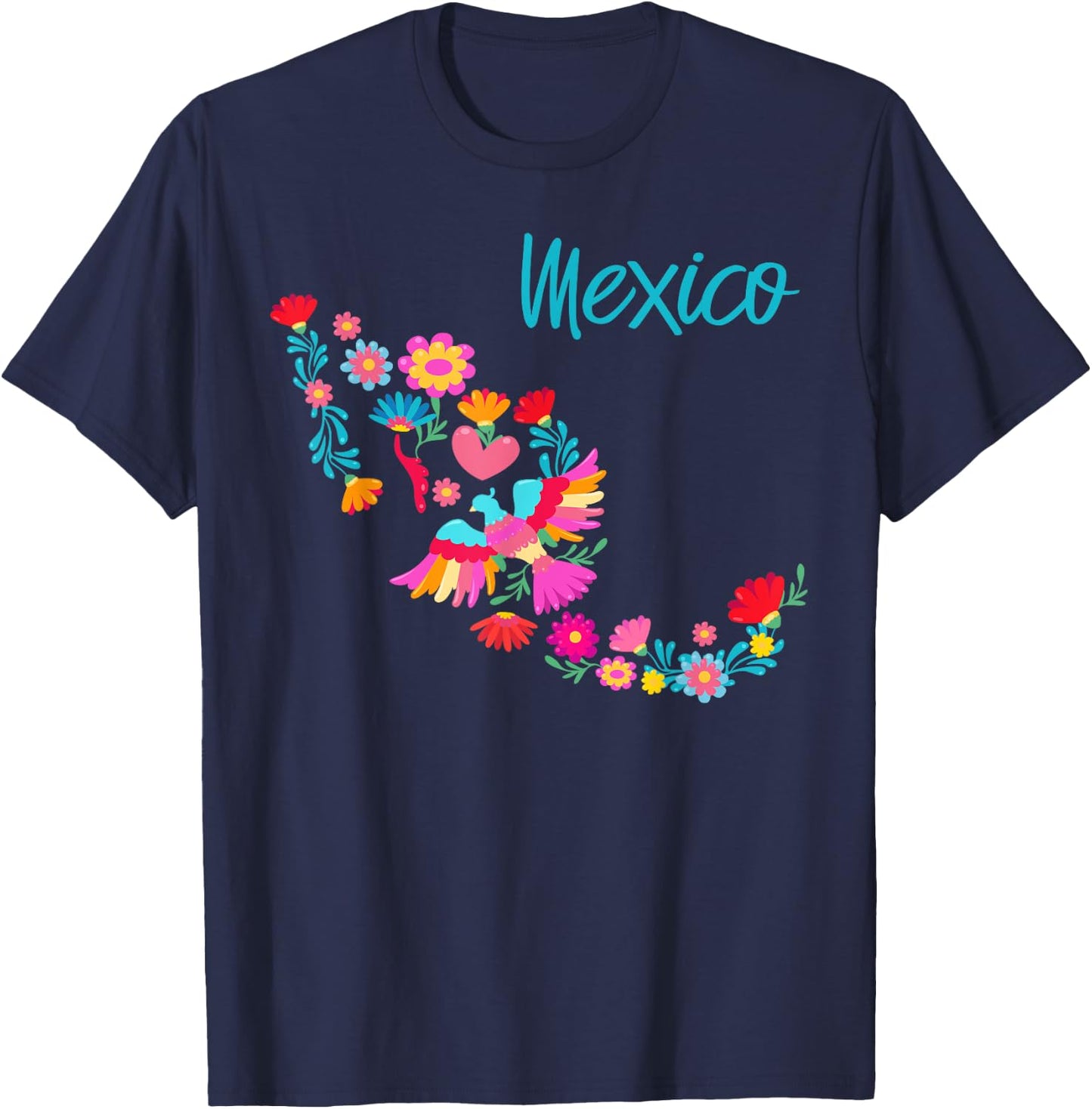 Mexico Map Floral Otomi Mexican Flowers Art Colourful Bright T-Shirt - T-Shirt | Navy