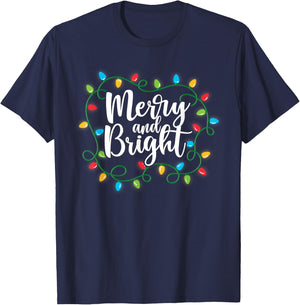 Merry and Bright Christmas Light Funny Family Christmas 2024 T-Shirt - T-Shirt | Navy