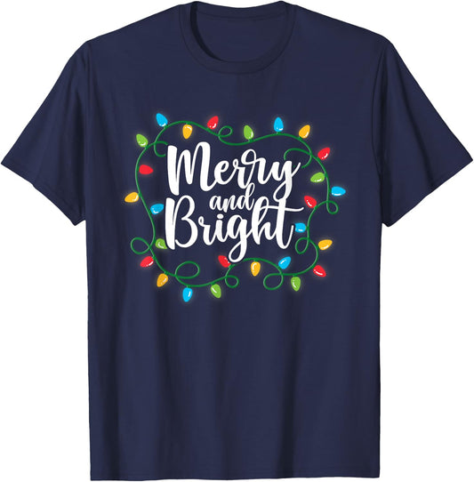 Merry and Bright Christmas Light Funny Family Christmas 2024 T-Shirt - T-Shirt | Navy