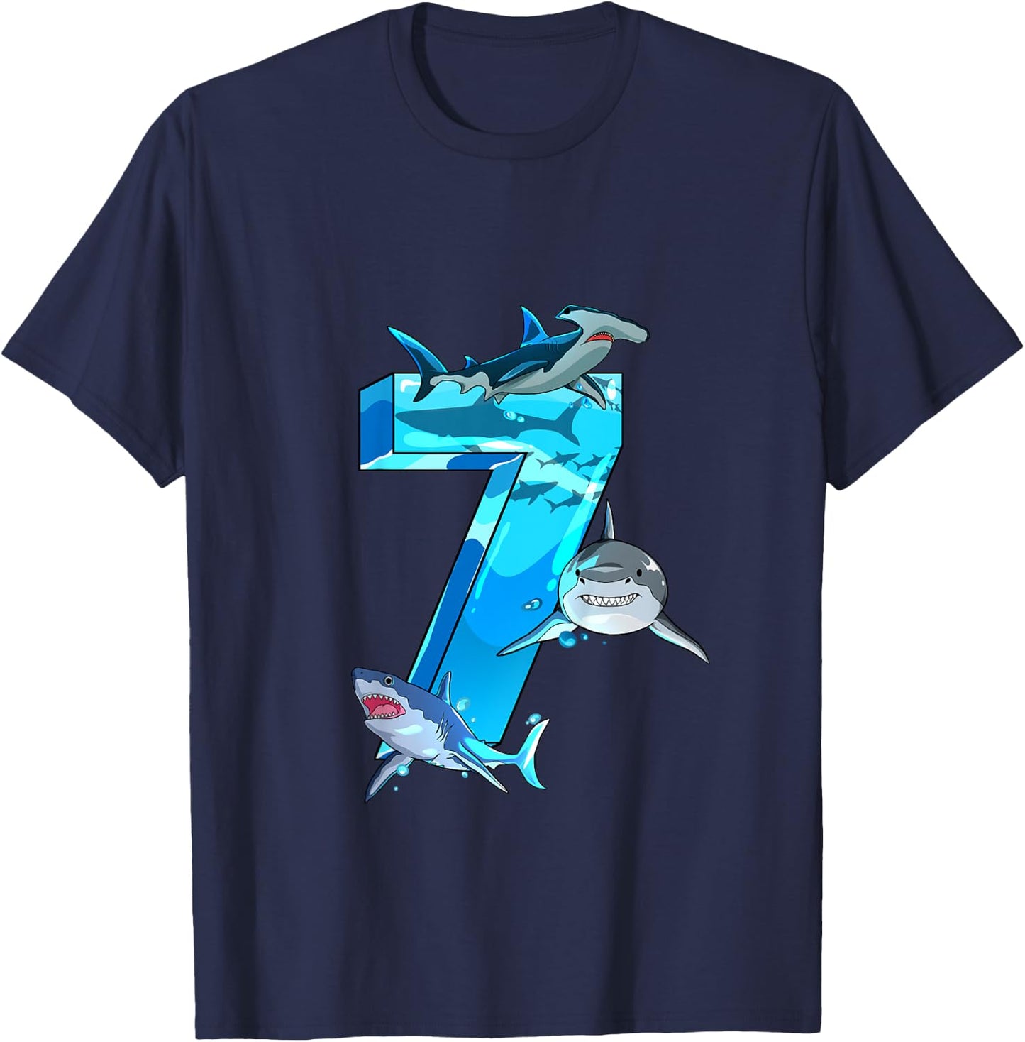 Kids Shark Boy 7 Years Birthday Child Children Birthday T-Shirt - T-Shirt | Navy