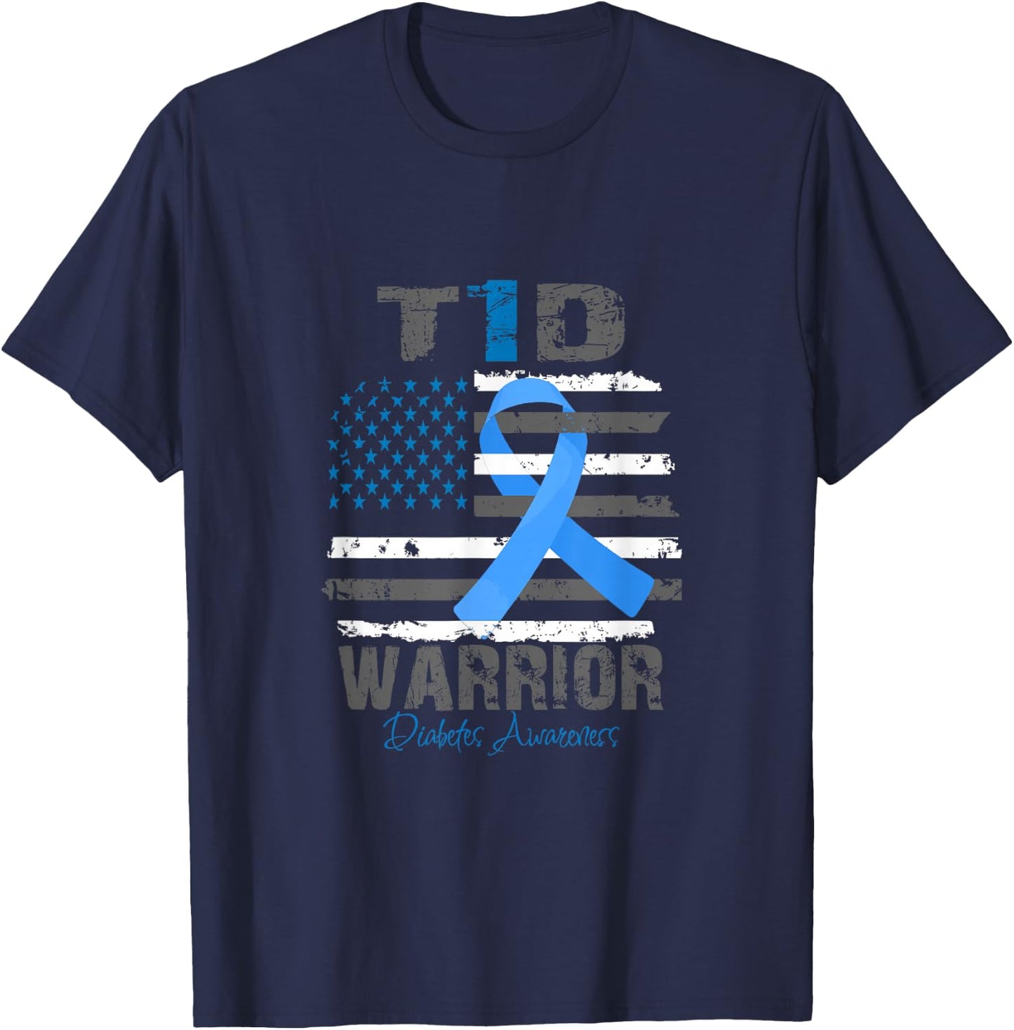 World Diabetes Awareness Blue Ribbon T1D Warrior Type 1 T-Shirt - T-Shirt | Navy