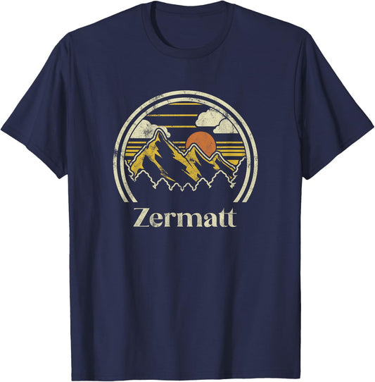 Zermatt Mountains Switzerland Hiking Outdoors Retro T-Shirt - T-Shirt | Navy