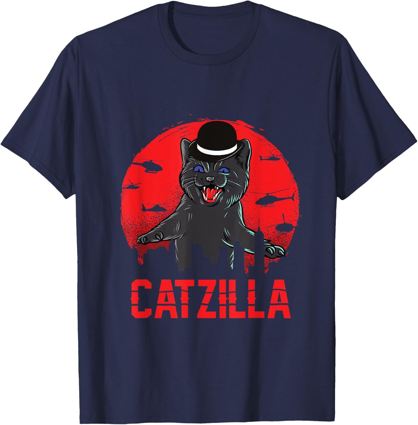 Catzilla with Bowler Hat Funny Cat and Kitten Lover Men Women Kids T-Shirt - T-Shirt | Navy