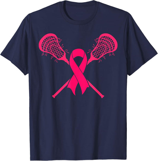 Pink Lacrosse Sticks Ribbon Breast Cancer Awareness Player T-Shirt - T-Shirt | Navy