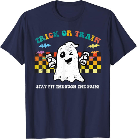 Trick Or Train Ghost Halloween Costume Fitnes Gym Workout T-Shirt - T-Shirt | Navy