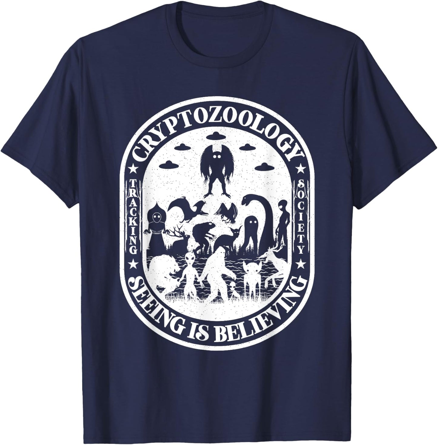 Bigfoot Nessie Mothman And Aliens Cryptid Team Cryptozoology T-Shirt - T-Shirt | Navy
