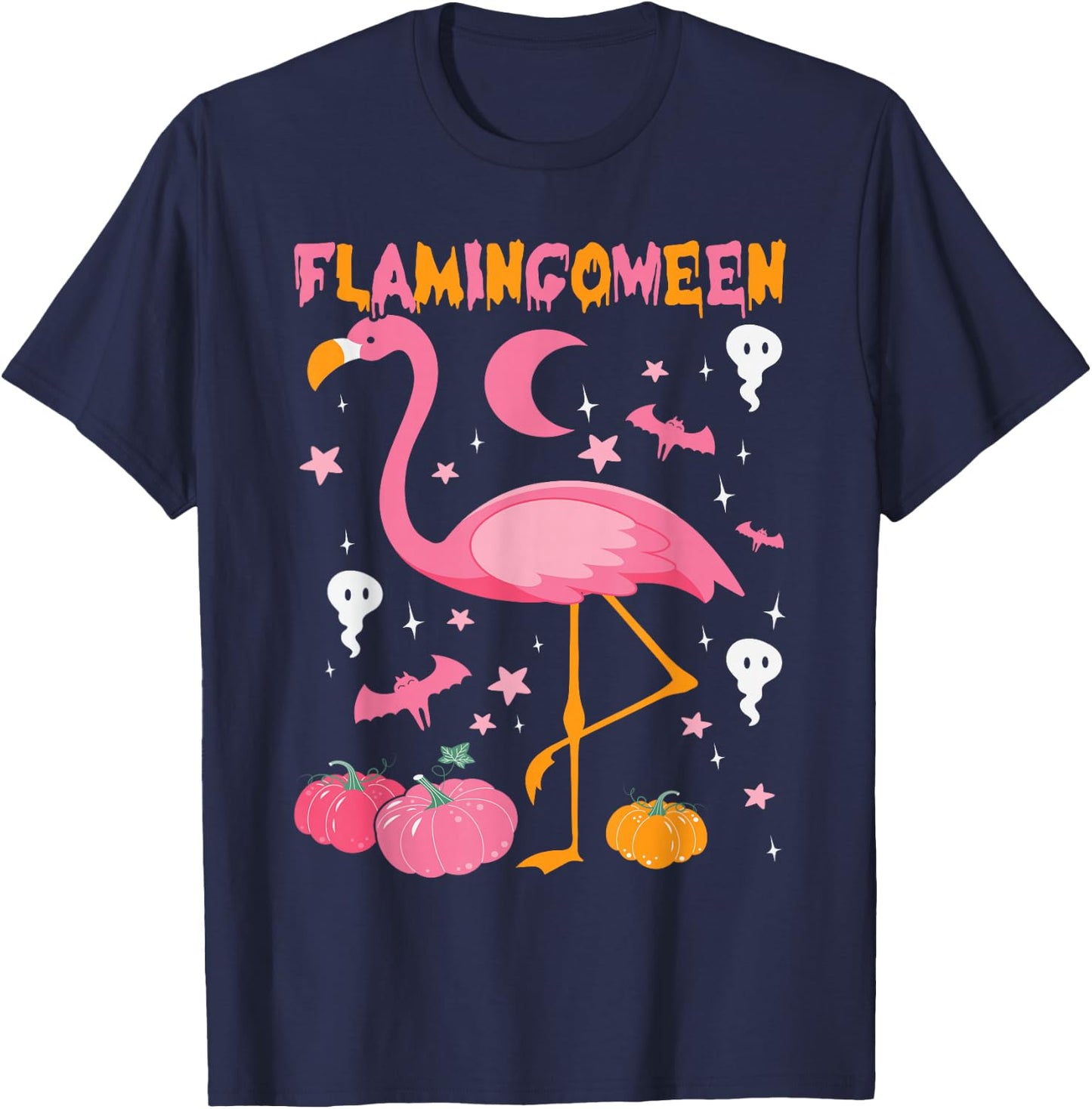 Happy Flamingoween Pink Flamingo Halloween Skeleton Spooky T-Shirt - T-Shirt | Navy