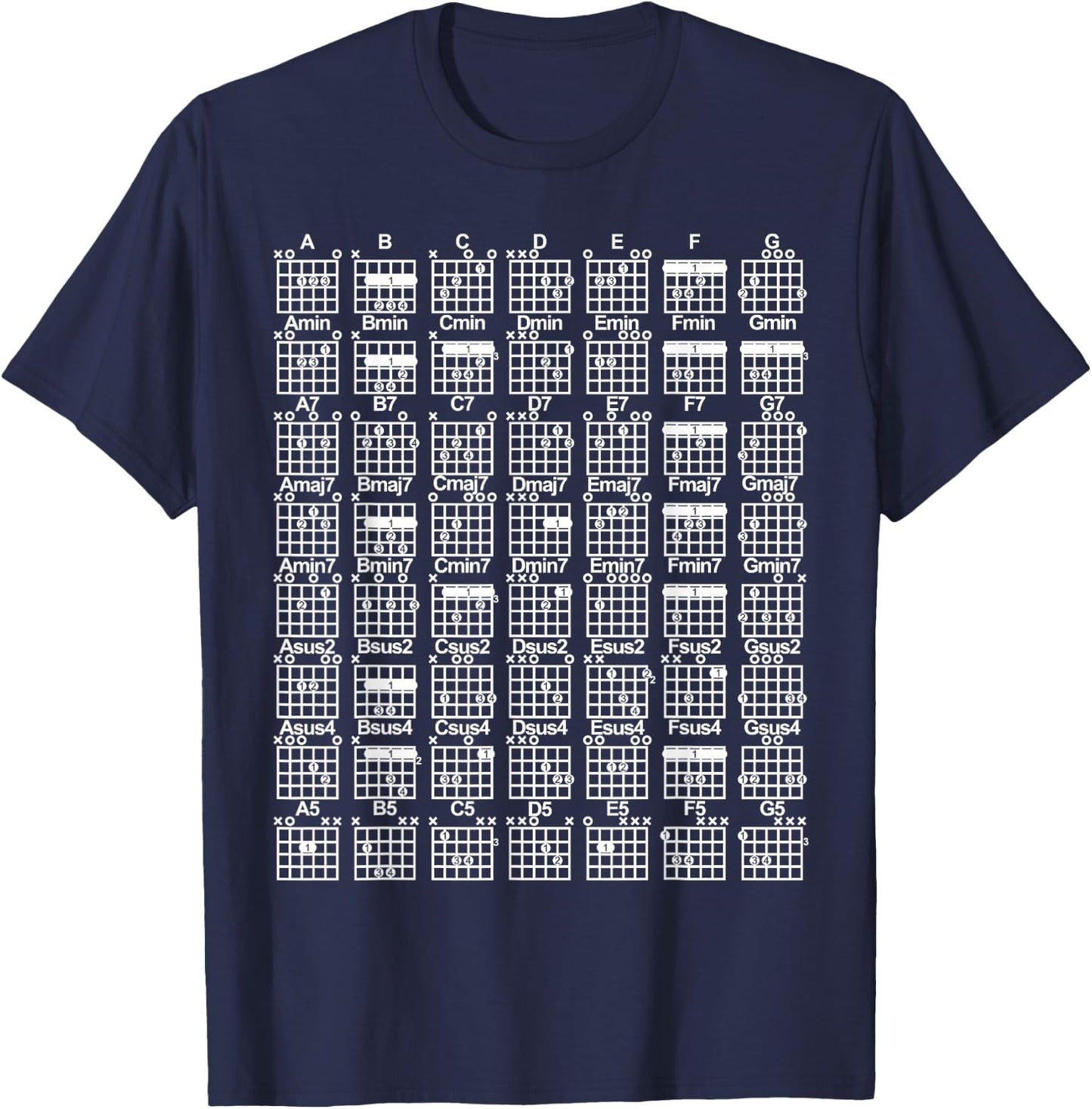 Guitar Chord Chart with Numbered Positions Barre Chord T-Shirt - T-Shirt | Navy