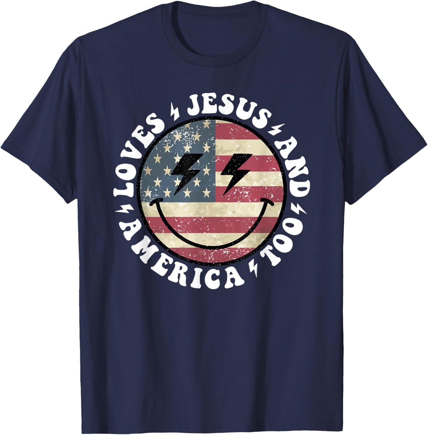 Loves Jesus and America Too God Christian 4th of July retro T-Shirt - T-Shirt | Navy