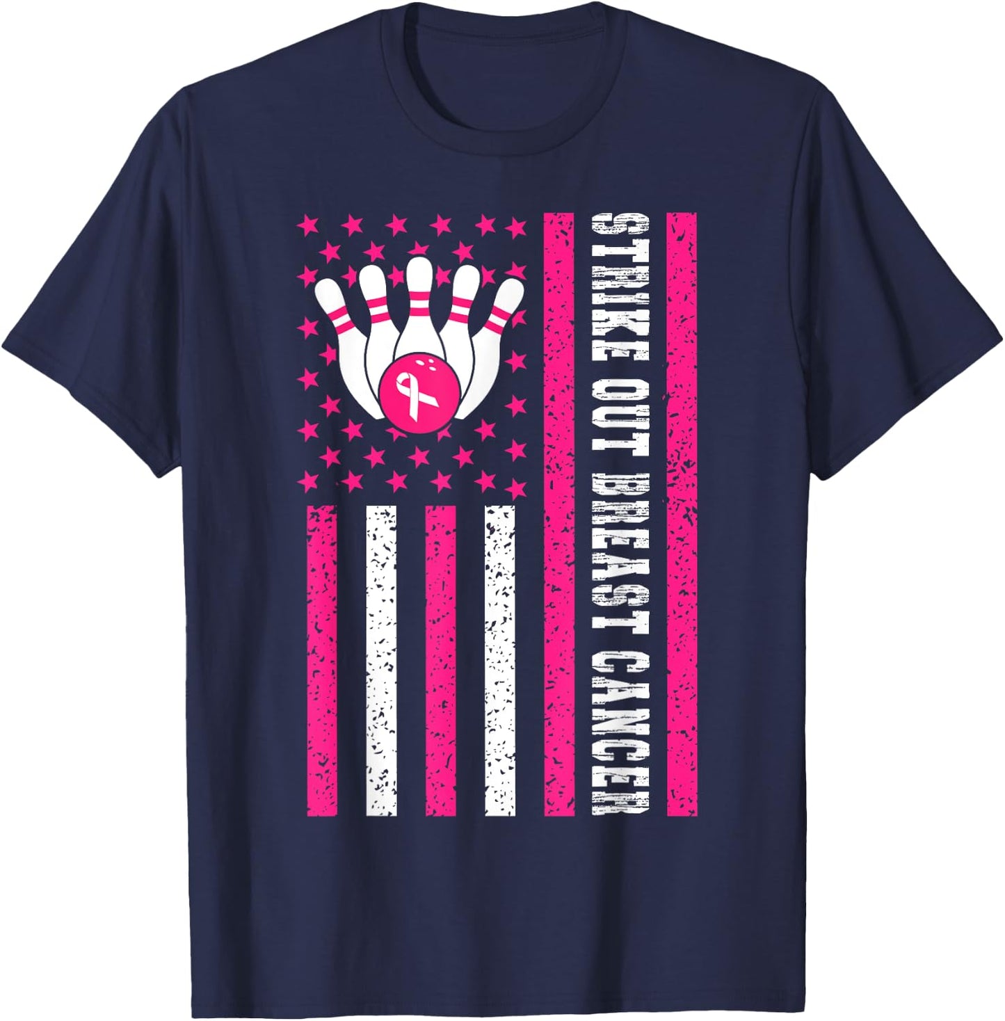 Strike Out Bowling Ribbon USA Flag Breast Cancer Awareness T-Shirt - T-Shirt | Navy