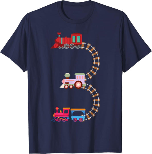 Kids Train 3rd Birthday Fun Train Theme 3rd Birthday Party T-Shirt - T-Shirt | Navy