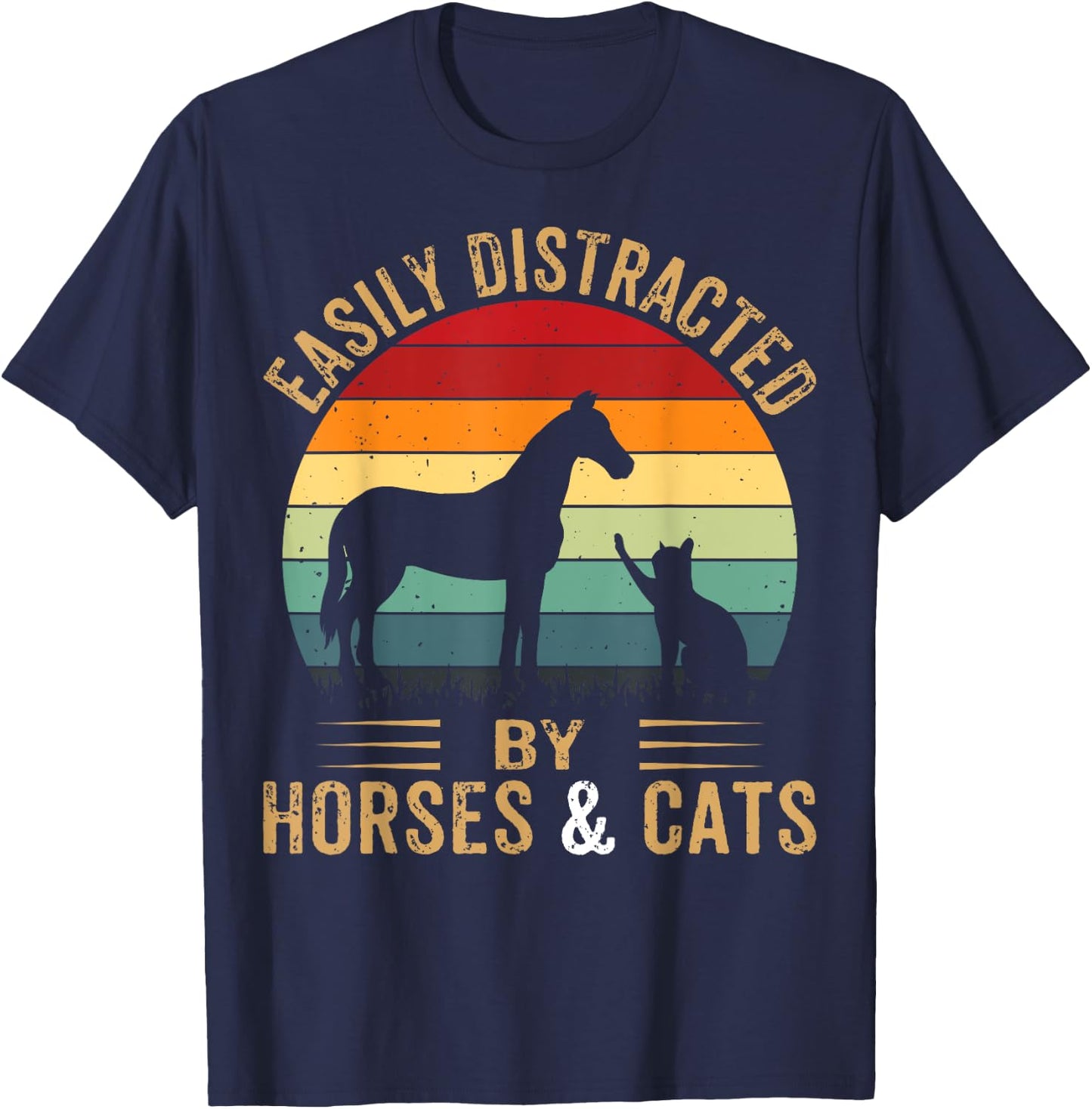 Easily Distracted By Horse And Cats Shirt Horse Riding Girls T-Shirt - T-Shirt | Navy