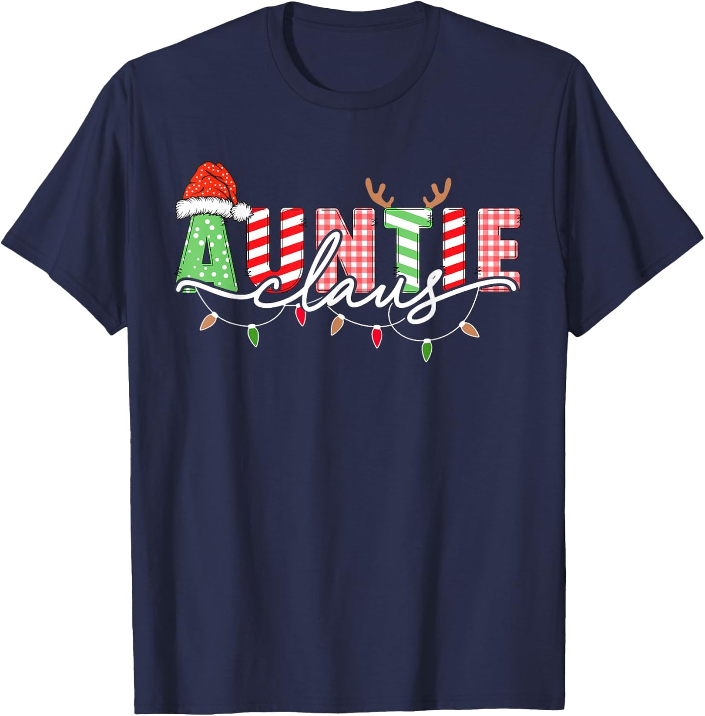 Auntie Claus Xmas Christmas Lights Pajama Family Matching T-Shirt - T-Shirt | Navy