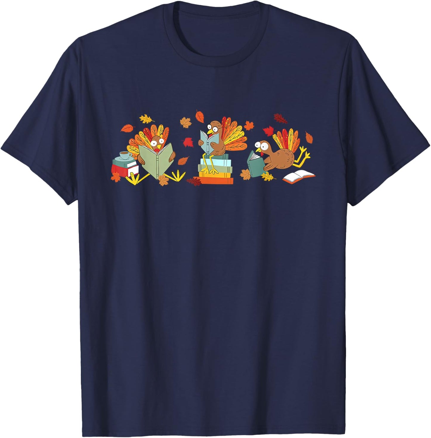 Turkey Reading Books Fall Thanksgiving Teacher Book Lovers T-Shirt - T-Shirt | Navy
