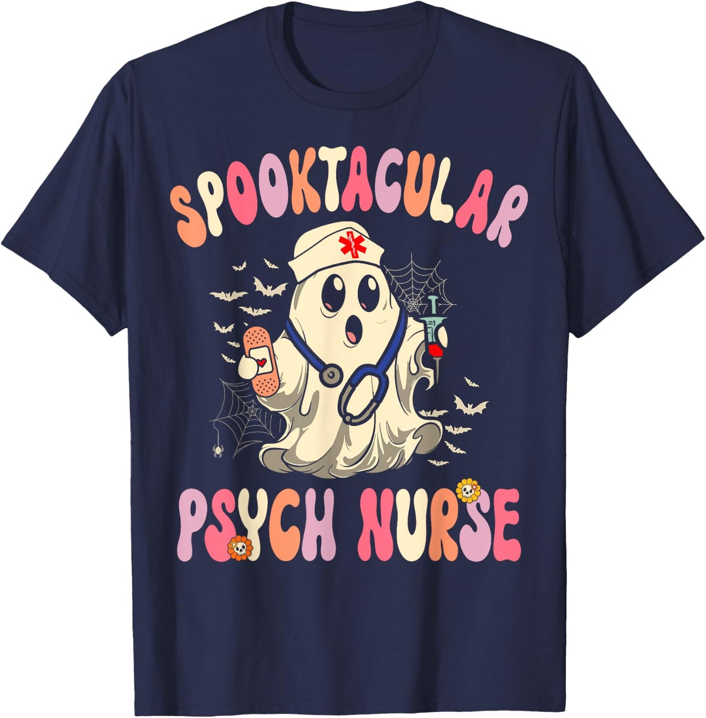 Spooktacular Psych Nurse Retro Halloween Ghost Nursing T-Shirt - T-Shirt | Navy