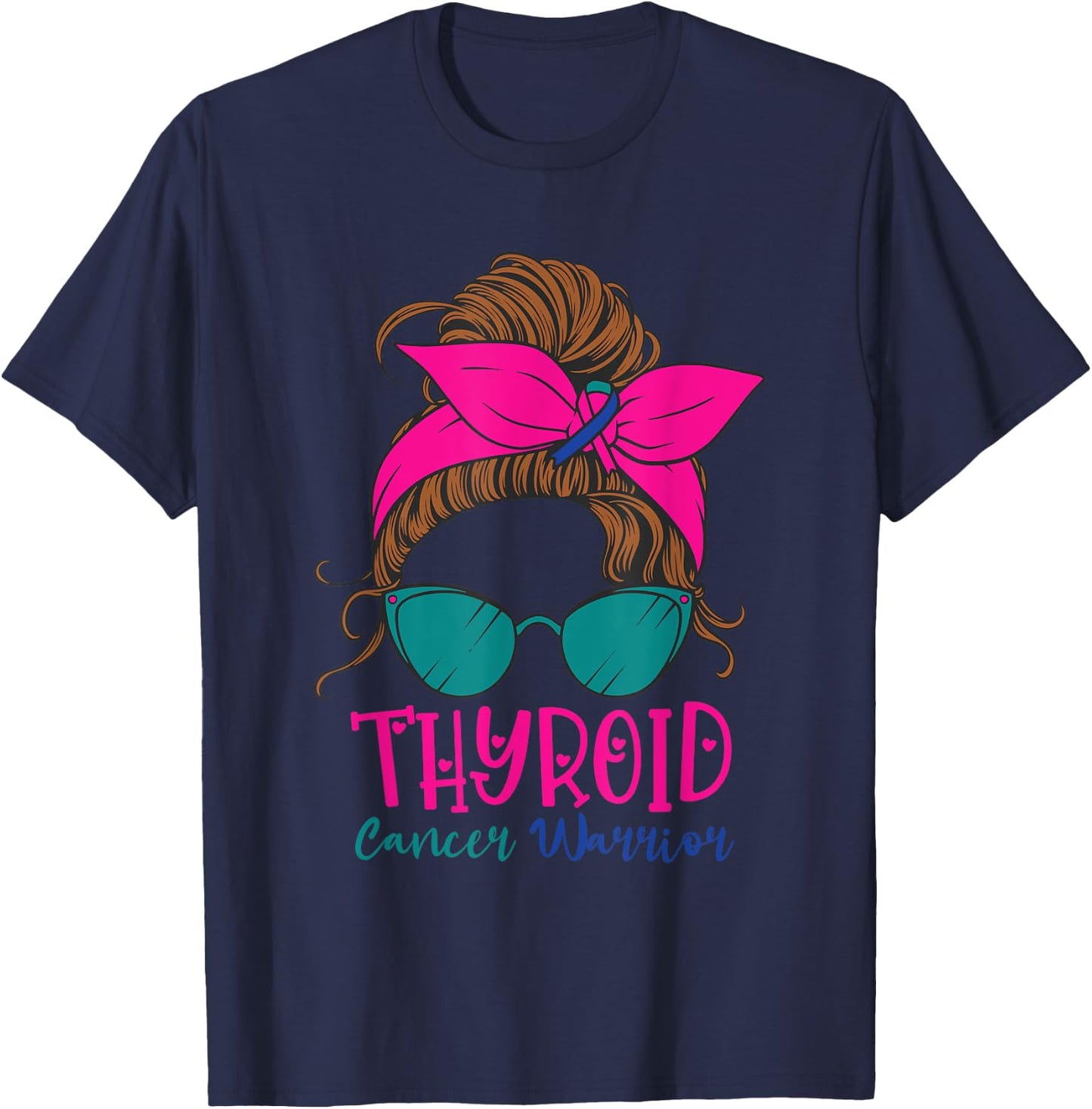 Thyroid Cancer Awareness Warrior Messy Bun Thyroidectomy T-Shirt - T-Shirt | Navy