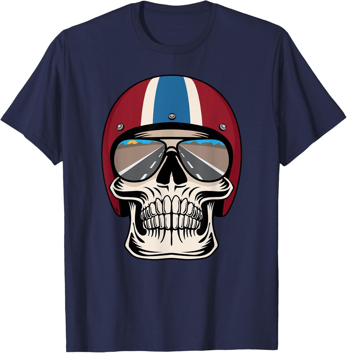 Retro Skull wearing Motorcycle Helmet and Sunglasses Design T-Shirt - T-Shirt | Navy