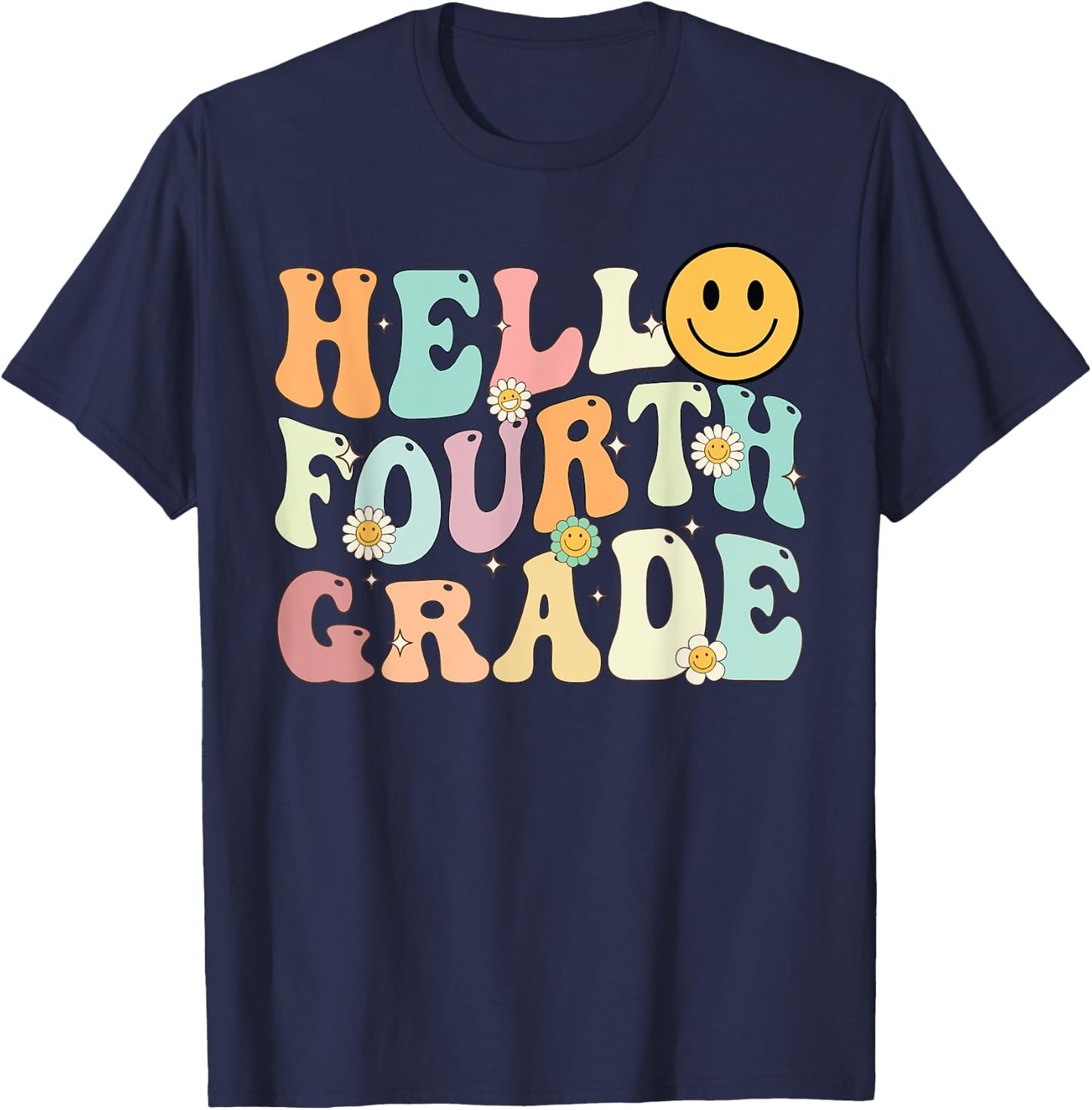 Groovy Hello 4th Fourth Grade Back To School Teacher Student T-Shirt - T-Shirt | Navy
