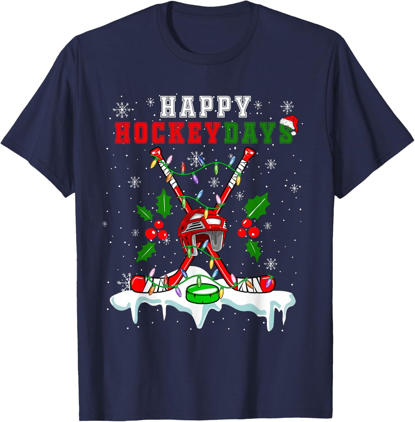 Happy Hockey Xmas Days Ice Hockey Equipment Player Family T-Shirt - T-Shirt | Navy