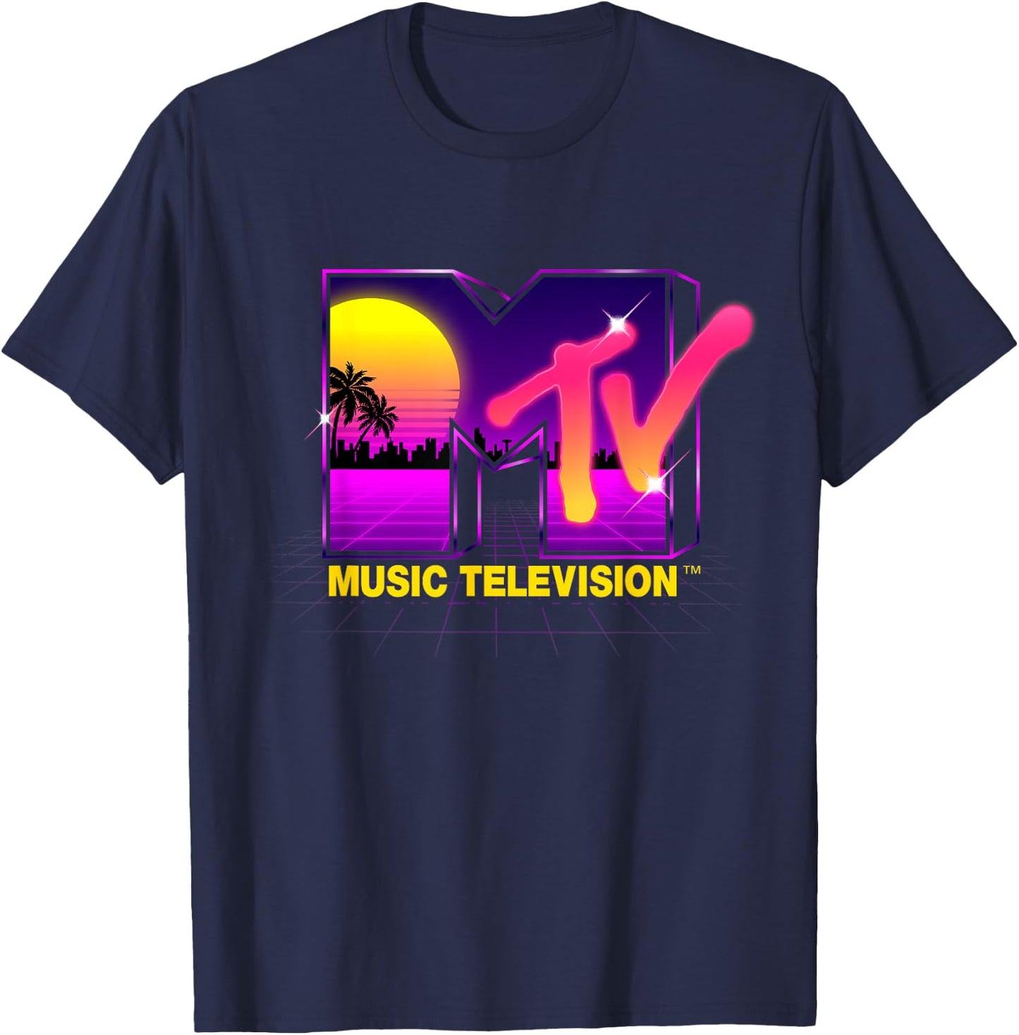 Mademark x MTV - MTV Retrowave Sunset Synthwave Cyberpunk Vaporwave 80s MTV T-Shirt - T-Shirt | Navy