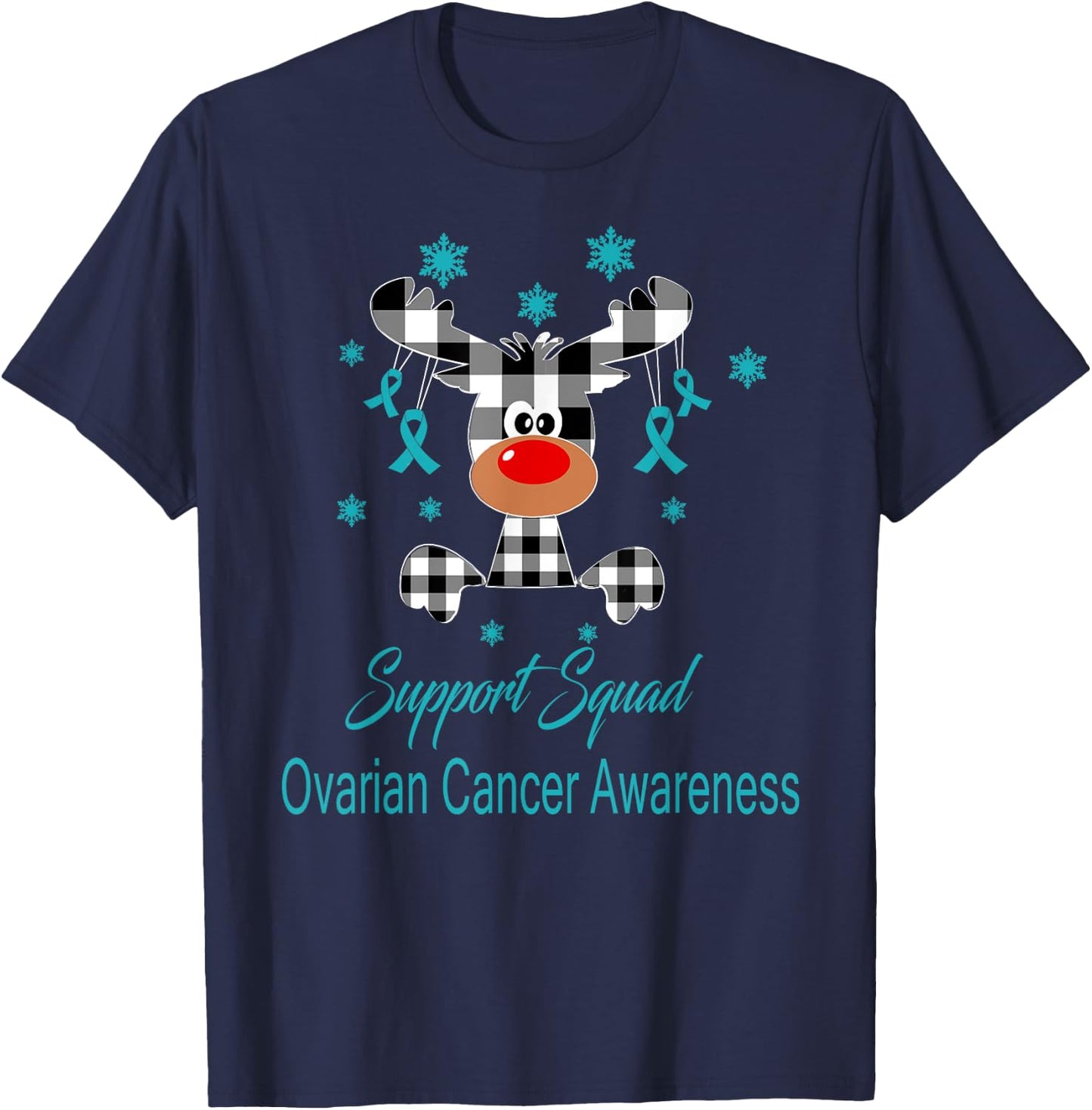 Ovarian Cancer Awareness Christmas Reindeer Teal Ribbon T-Shirt - T-Shirt | Navy