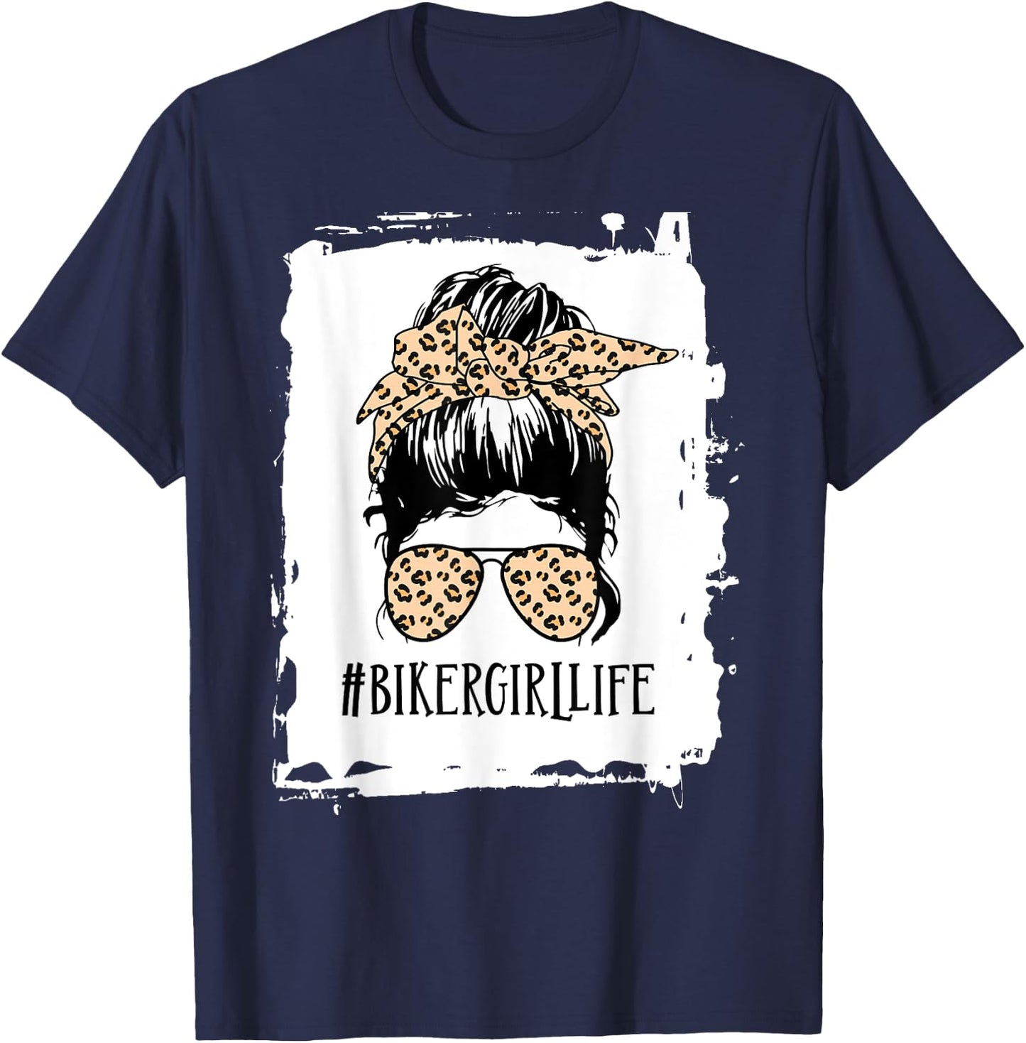 biker girl Life Messy Bun Leopard T-Shirt - T-Shirt | Navy