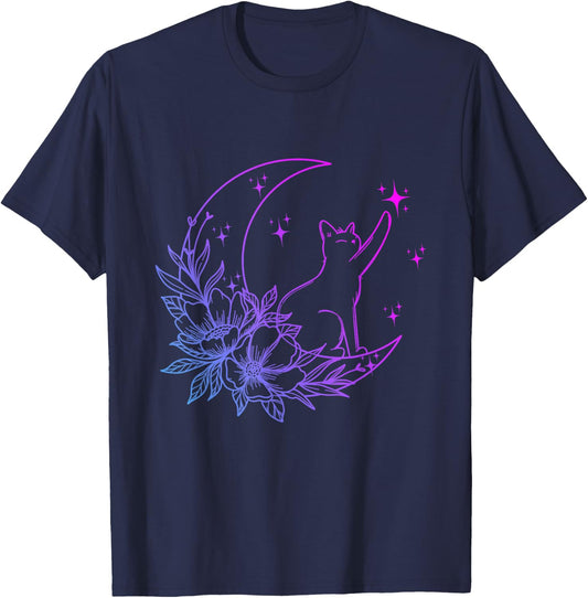 Cat Sitting On Crescent Moon Flowers Stars Women Girls Kids T-Shirt - T-Shirt | Navy