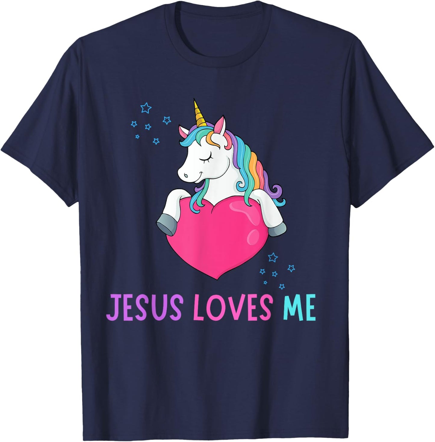 Kids Jesus Loves Me Christian Bible Girls Rainbow Unicorn T-Shirt - T-Shirt | Navy