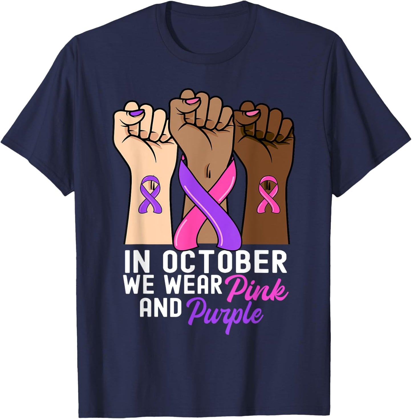 Breast Cancer Domestic Violence Awareness Pink Purple Ribbon T-Shirt - T-Shirt | Navy