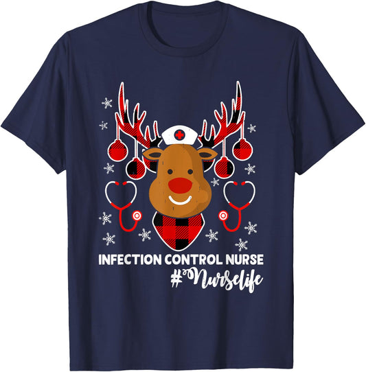 Holiday Xmas Infection Control Nurse Life Reindeer Christmas T-Shirt - T-Shirt | Navy