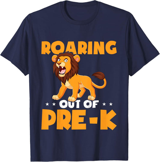 Kids Roaring Out Of Pre-K Graduation Lion Boys Pre-K Graduate T-Shirt - T-Shirt | Navy