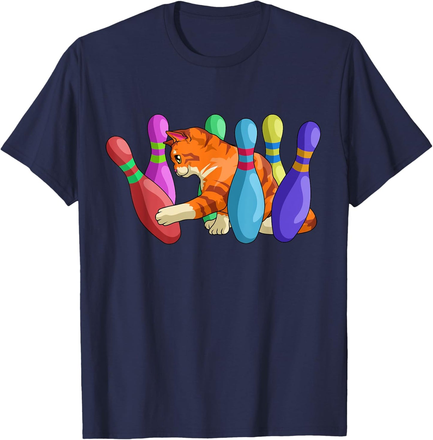 Cute Cat Knocking Over Bowling Pins Kitty Bowlers Cat Lovers Men Women Girls Kids T-Shirt - T-Shirt | Navy