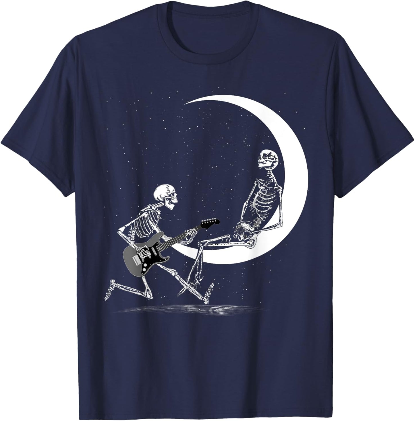 Funny Skeleton Band With Playing Guitar Moon T-Shirt - T-Shirt | Navy