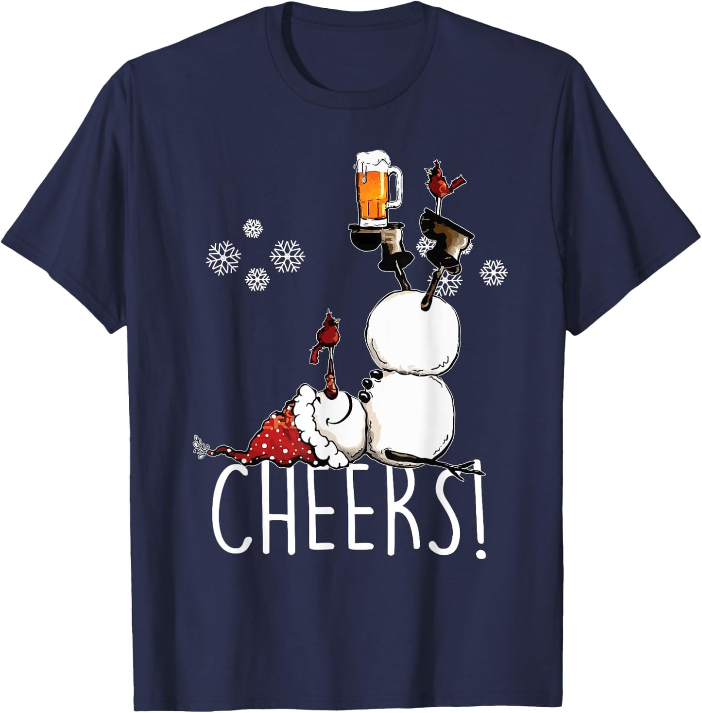 Cheers Snowman Beer and Wine Christmas T-Shirt - T-Shirt | Navy