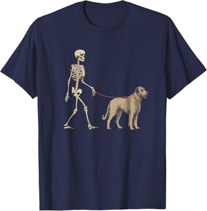 Funny Irish Wolfhound Skeleton Dog Walking Halloween Dog T-Shirt - T-Shirt | Navy