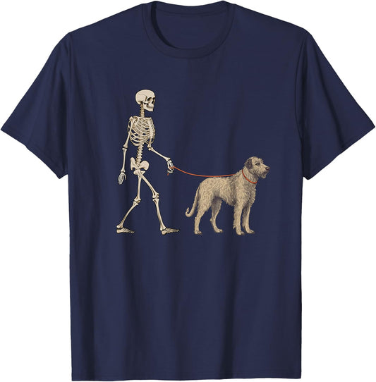 Funny Irish Wolfhound Skeleton Dog Walking Halloween Dog T-Shirt - T-Shirt | Navy